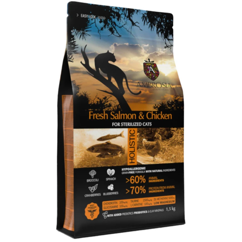 Ambrosia Grain Free Cat Adult Sterilised Fresh Salmon & Chicken 1,5kg 3 Ambrosia Grain Free Cat Adult Sterilised Fresh Salmon & Chicken 1,5kg