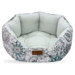 Κρεβατάκι Σκύλου και Γάτας V.I.Pets Royal Λουλούδια Φυστικί - Μπεζ & Ριγέ Φυστικί 50x50cm